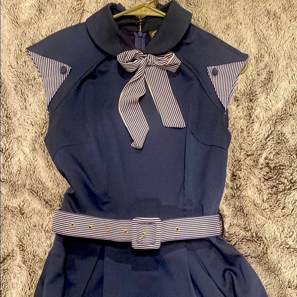 Voodoo Vixen Blue and White Bow Midi Dress